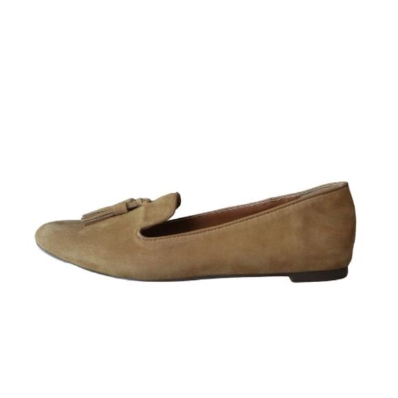 J. Crew Women Size 7.5 Camel Faux Suede Smoking Tassel Slip On Loafers Office - Picture 6 of 9